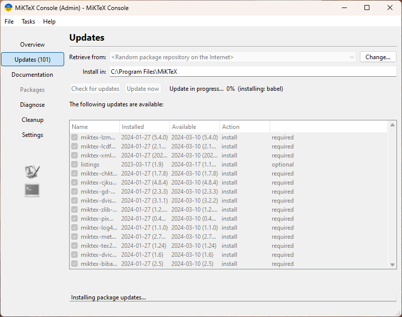 MikTeX-console: Update in progress.