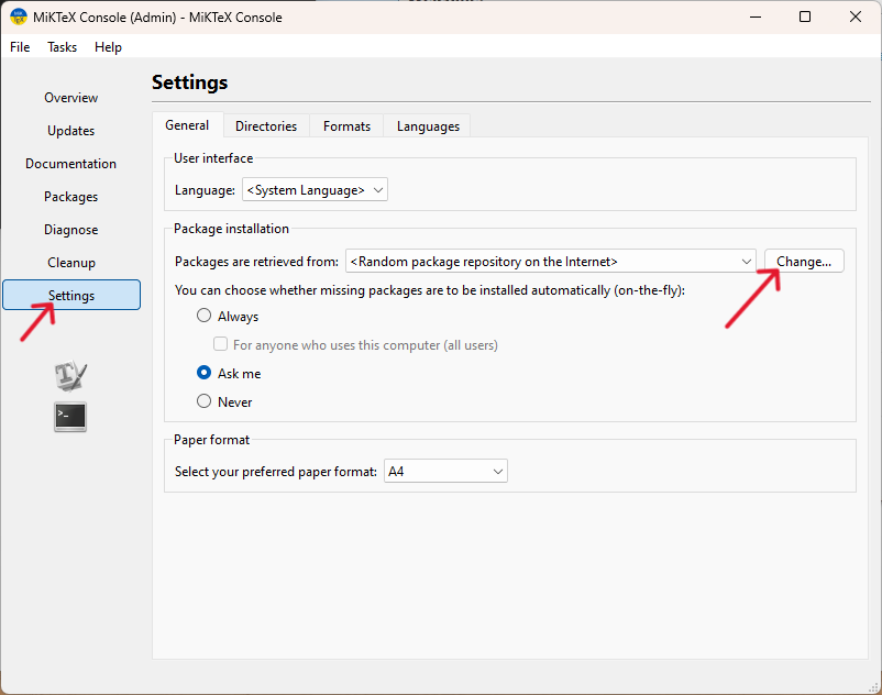 MikTeX-console: Settings.