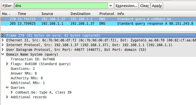 Example of a forwarded DNS query, captured by Wireshark.