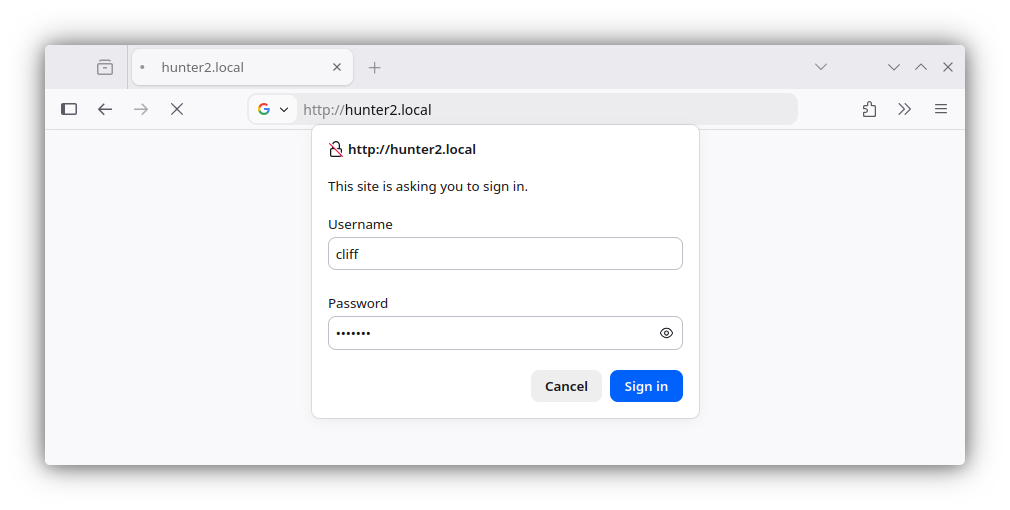 Pop-up window asking for a username and password in the browser