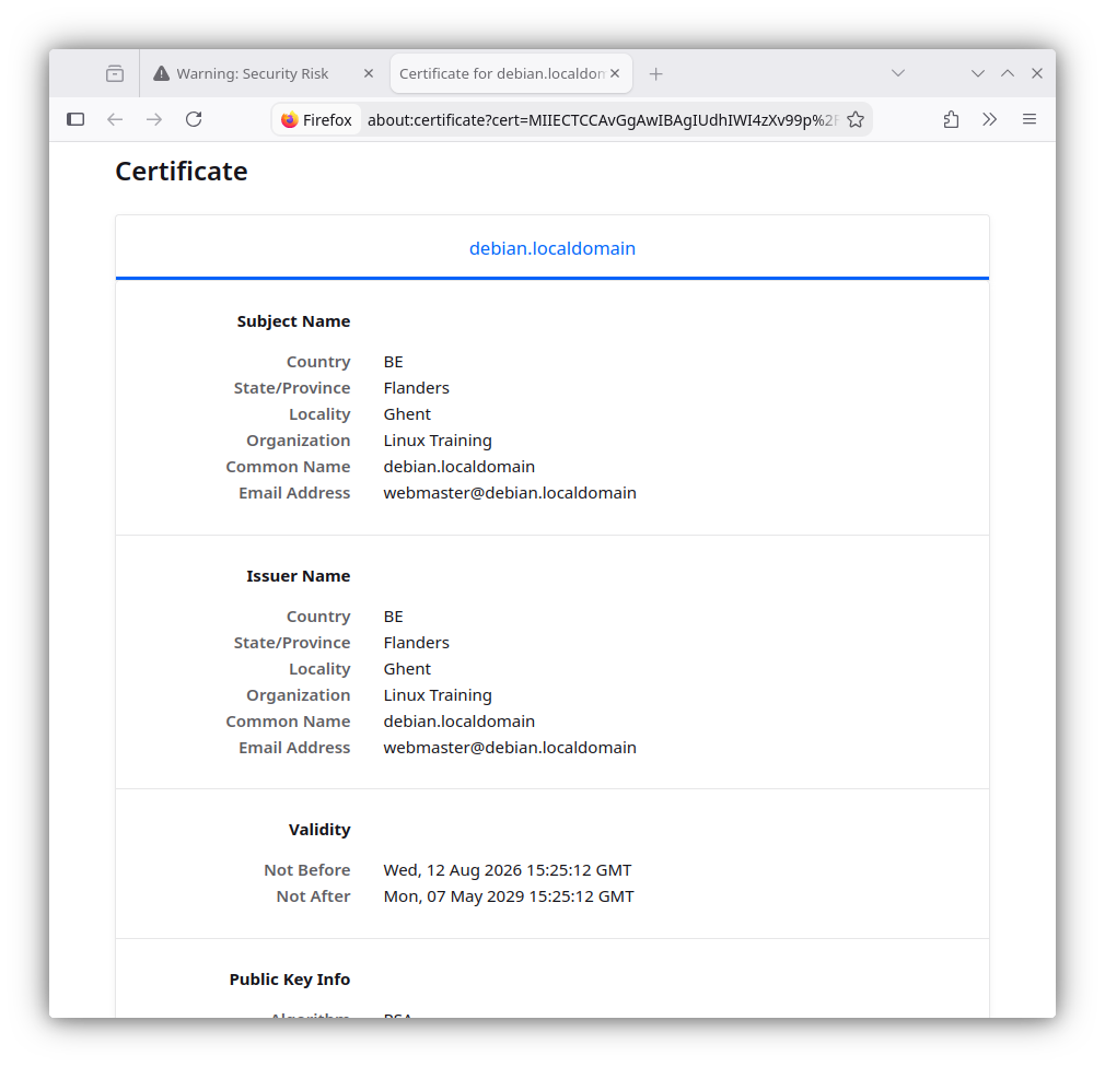 Details of the self-signed certificate in Firefox