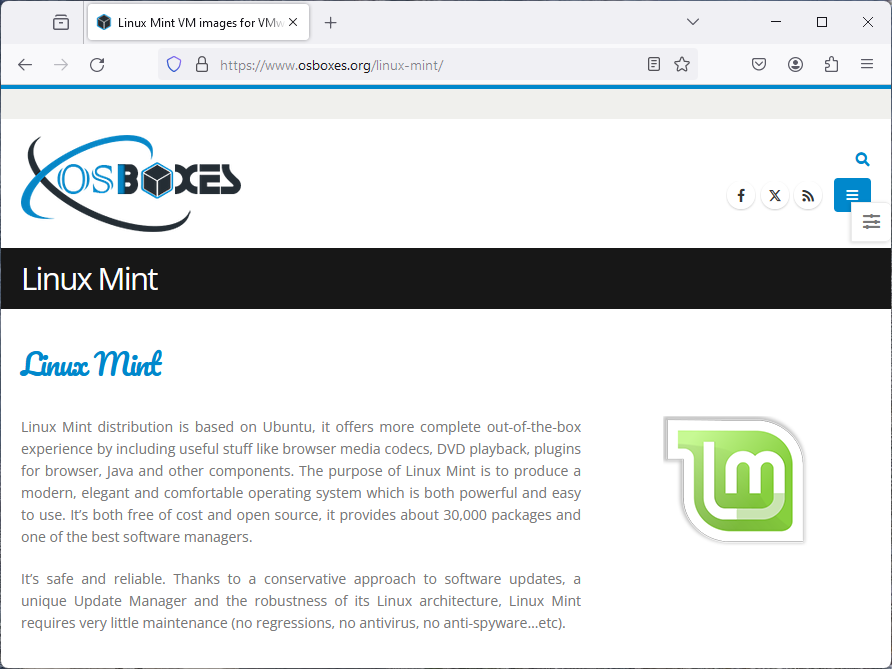 The Linux Mint download page on the OSBoxes website.