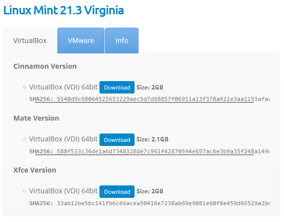 The download section on the Linux Mint download page on the OSBoxes website.