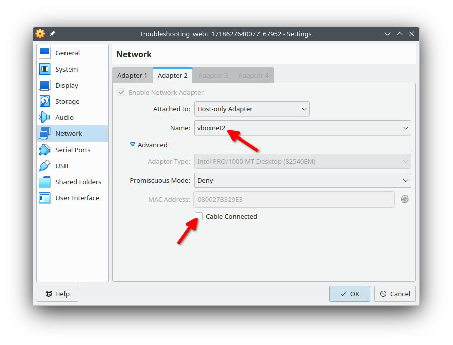 Network settings of webt in VirtualBox. Adapter 2 is not attached to the correct Host-only Adapter and the cable is not connected.