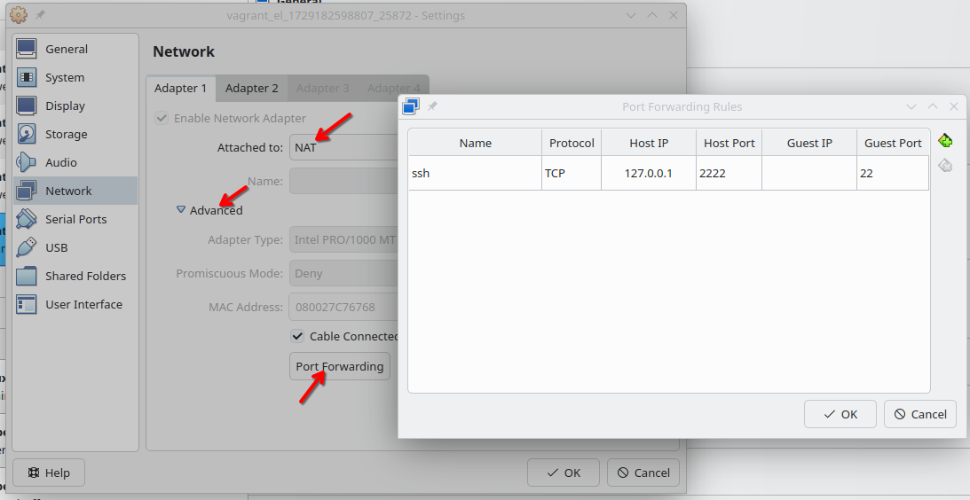 Port forwarding in VirtualBox