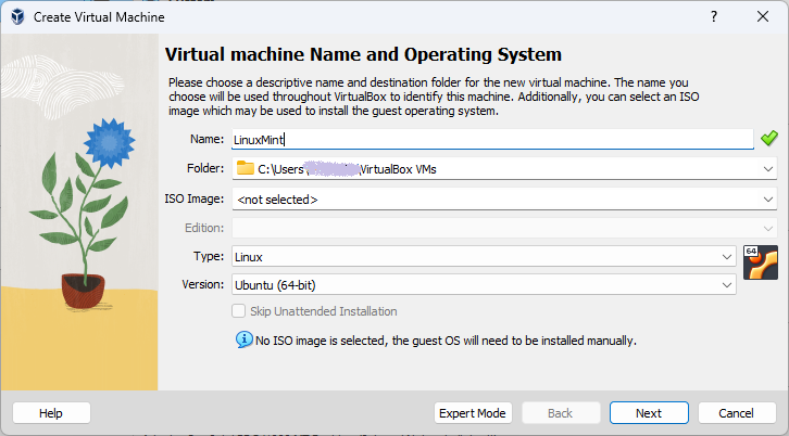 The VirtualBox New VM dialog.