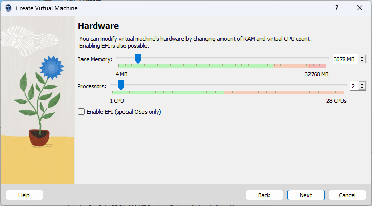 Assigning memory and CPU cores to the virtual machine.