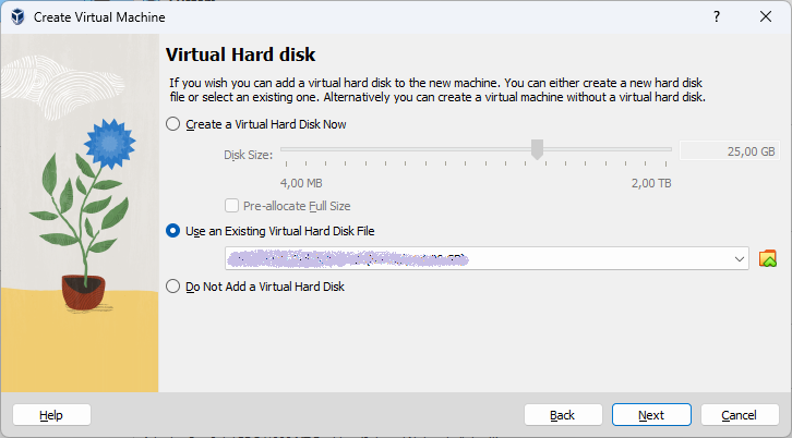 Options for creating/selecting a virtual hard disk file.